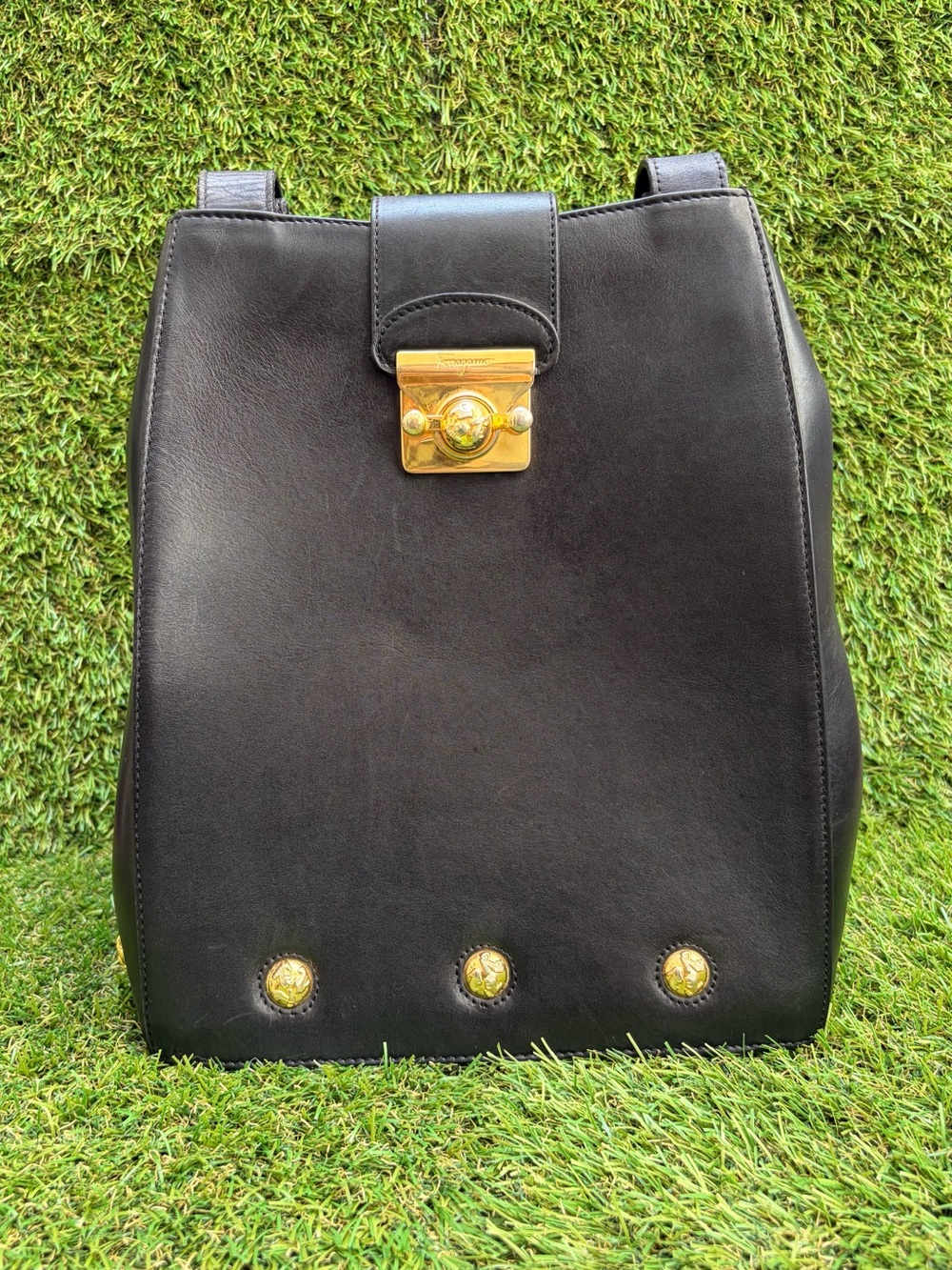 Salvatore Ferragamo Black Leather Backpack with Gold Hardware Accents